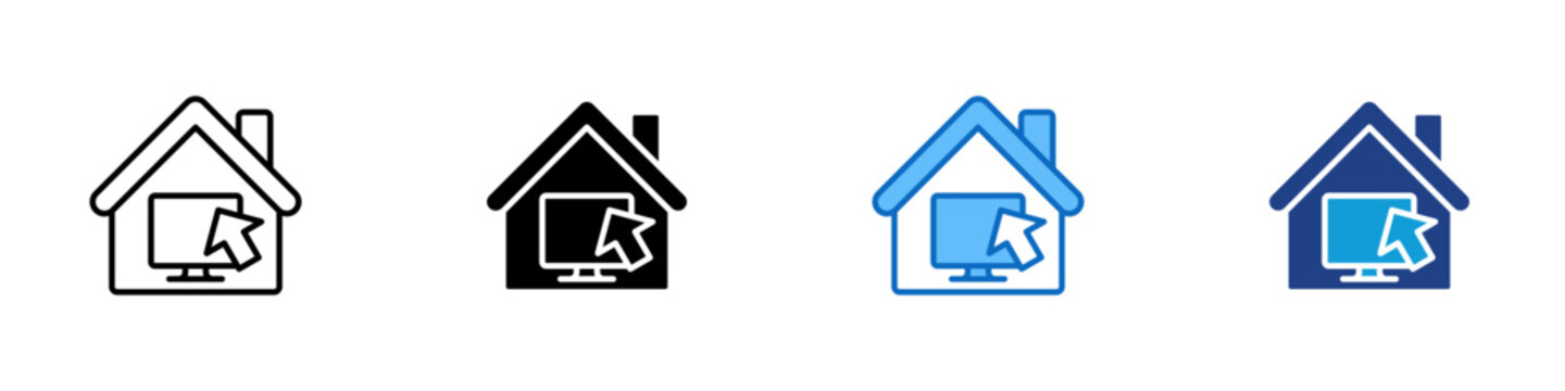 Remote Workspace Multiple Style Icon Design Vector - House with computer cursor representing remote work, home office, and digital workplace access