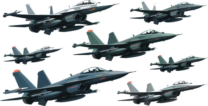 Modern fighter jet vector illustration set with military aircraft isolated on white background