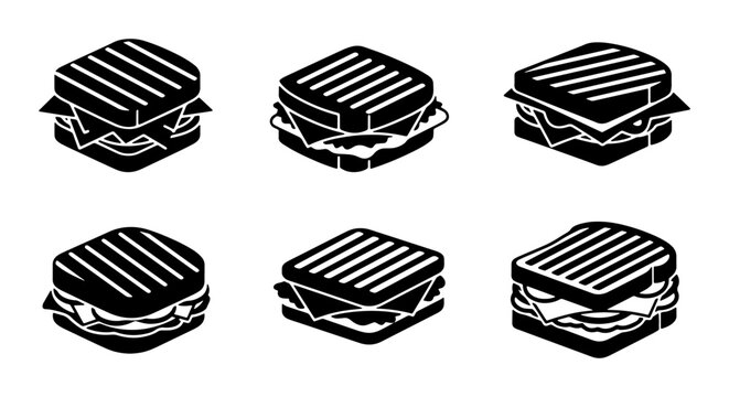 Grilled Sandwich Icons Set, Toasted Panini Vector Graphics, Delicious Food Illustrations, Black and White Simple Designs