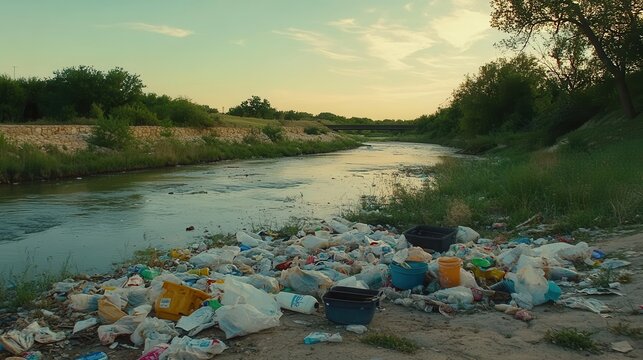 Garbage dump encroaches on a scenic riverbank, highlighting environmental pollution and the impact of discarded waste on natural landscapes.