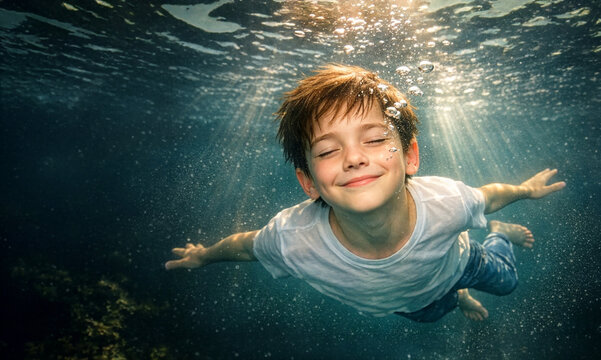 abgetaucht, Junge schwebt mit ausgebreiteten Armen unter Wasser mit geschlossenen Augen, Luftblasen um Gesicht, friedlich, ruhig, Sonnenstrahlen brechen die Wasseroberfl&auml;che, dunkler Hintergrund