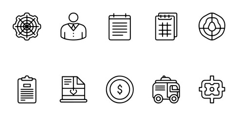 Business Icons Set: Target, Professional, Calendar, Notes, Clipboard, Download, Money, Van, Aim © Nusrat