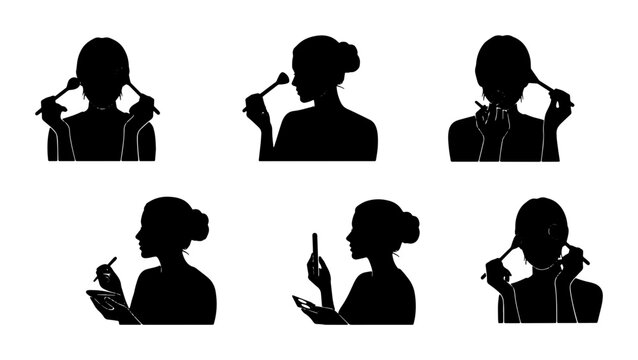 Woman Applying Makeup Silhouettes, Beauty Routine Icons, Cosmetic Application Poses, Vector Set