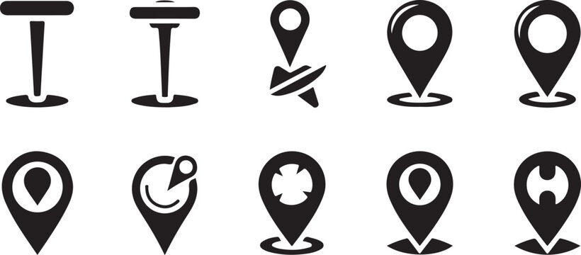 Map Marker Icons, Location Pins, Navigation Symbols, Black Vector Set