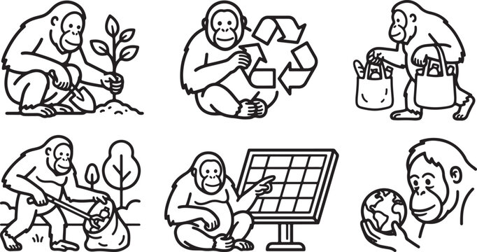 Set of black and white line art illustrations depicting orangutans engaged in various environmental protection and nature conservation activities daily