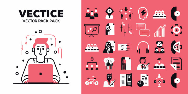 vector illustration pack with icons and a person using a laptop