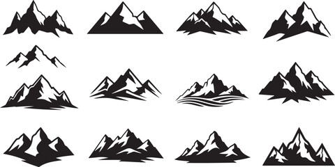 Obraz premium Mountain, Snowy Peaks, Icon Set, 15 Black Vector Graphics