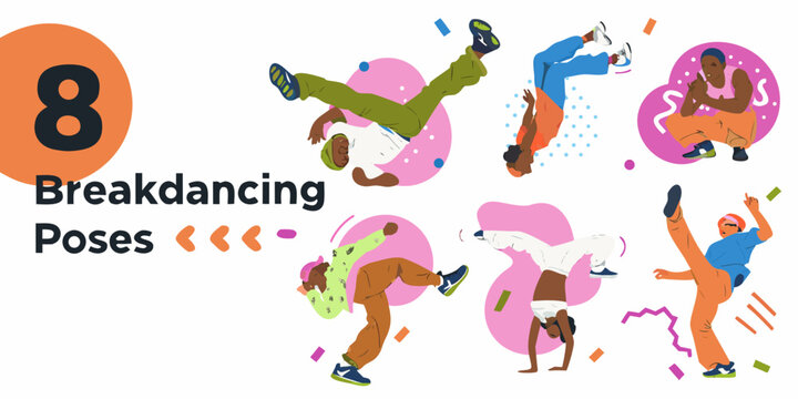 breakdancing poses set colorful vector illustration with dynamic figures