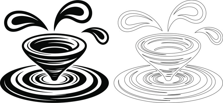 Water vortex and droplets symbol with whirlpool, maelstrom