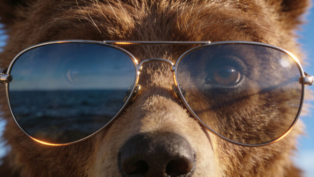Brown bear wearing retro reflective sunglasses relaxing on sunny beach