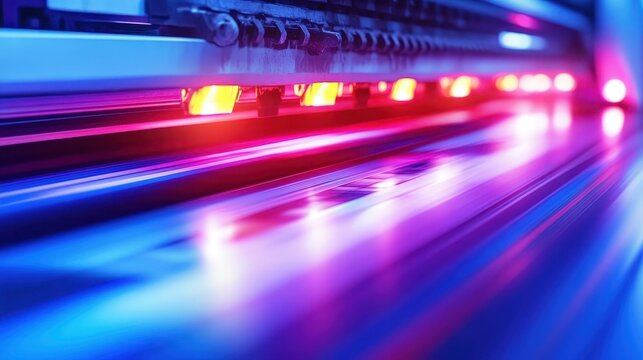 Modern Industrial Printing Production Line with Vibrant Colors and Dynamic Lighting