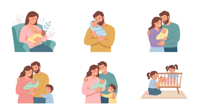 Parents and Kids Embracing Newborn Baby Flat Vector Set