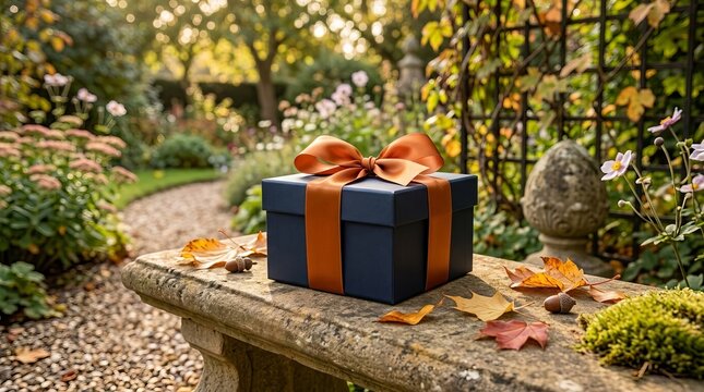 Thoughtful gift box with orange ribbon rests on stone bench in a lush autumn garden.
