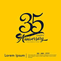 Fototapeta premium 35th years happy anniversary celebration emblem. black anniversary logo handwriting with ribbon on yellow background. vector illustration template design for web, flyers, poster, invitation or greetin