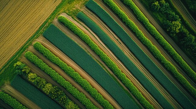 Vibrant green agricultural fields with distinct patterns viewed from above showcasing sustainable farming practices.