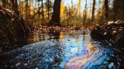 Obraz premium Close-up of iridescent microplastics swirling in a polluted forest stream surface with soft lighting