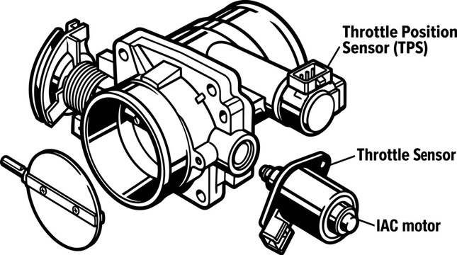 Automotive Throttle Body Assembly with Sensors and Motor.