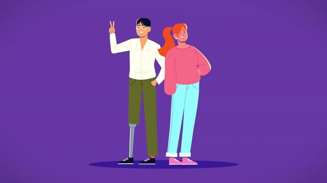 Happy man with a prosthetic leg standing confidently alongside a smiling young woman.