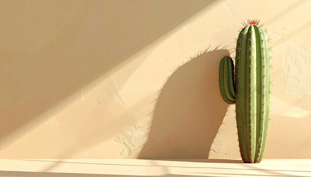 Cactus against a beige wall with sunlight