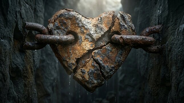 Cracked stone heart bound by rusty chains in a dark cavern, symbolizing brokenness and confinement