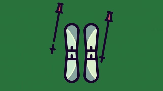 Pair Skis Animated Green Screen Chroma Key Video Overlay with Isolated Cutout Style for Editing Compositing Motion Graphics Social Media Ads and Creative Design Projects