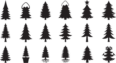 Fototapeta premium Black Christmas Tree Icons, Vector Pine Tree Silhouettes, Holiday Symbols