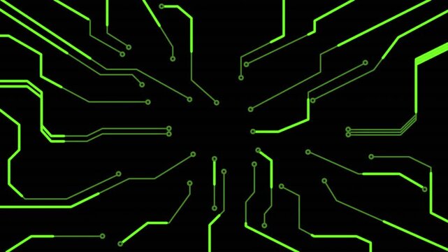 A glowing green circuit board pattern on black with lines radiating from a central point.