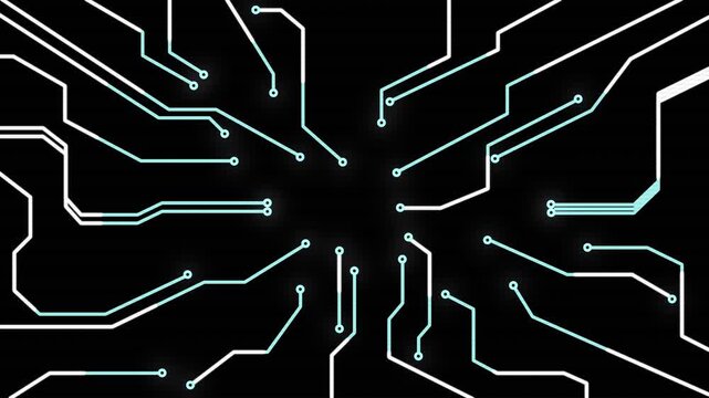 A glowing cyan circuit board pattern on black, with lines routing toward a central point