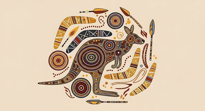 Aboriginal Art Kangaroo Illustration with Boomerangs and Dot Patterns.