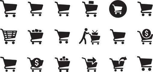 Shopping cart icons, e-commerce symbols, black vector graphics, 20 shopping carts © fksamia