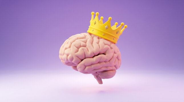 Brain with a yellow crown on a purple background, 3d intelligence king