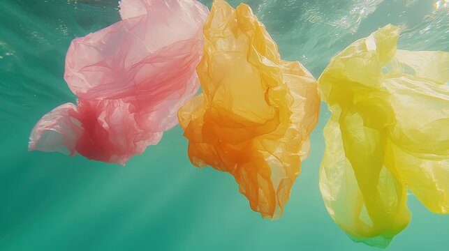 Colorful Plastic Bags Floating Underwater as Ocean Pollution Threatening Marine Life