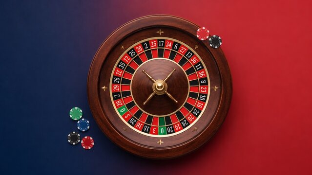 Casino roulette wheel, gambling and chips for betting, luck and chance in luxury gaming. Entertainment, risk and win with table, numbers and wheel for website, advertising and marketing design.