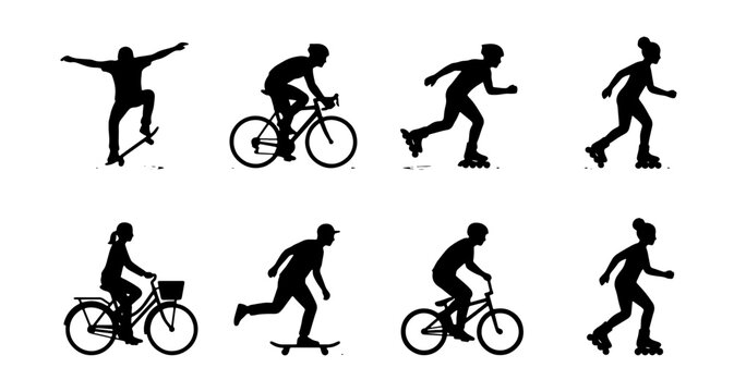 Diverse Silhouette Sports Icons: Skateboarders, Cyclists, Rollerbladers, 8 Vector Graphics for Active Lifestyle and Recreation