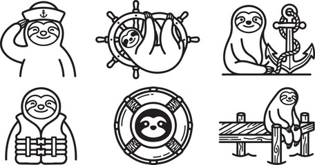 Fototapeta premium Cute sloth characters engaged in various nautical activities illustrated in a clean black and white line art style design set