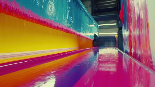 Vibrant Ink Layers Applied to Paper on an Offset Printing Press in Operation Under Studio Light