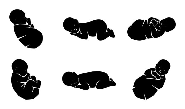 Baby Silhouette Collection, Newborn Poses Vector Set, Infant Sleeping Positions Graphic, Child Development Icons, Black and White Nursery Art