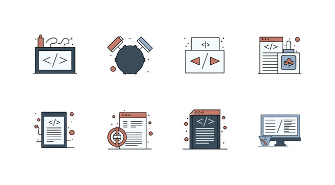 coding symbols and computer icons on transparent background