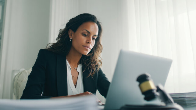 Focused female lawyer working on laptop with legal documents in bright modern office