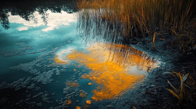 Vibrant toxic algae bloom spreading across a polluted pond surface reflecting reeds and sky