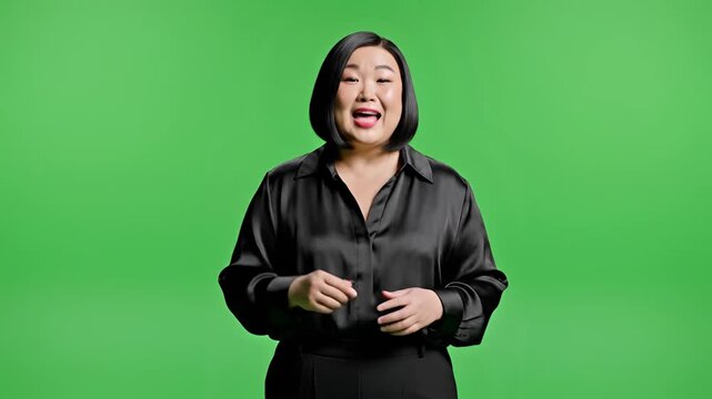 Asian Woman Gesturing and Speaking Enthusiastically on Green Screen Background.