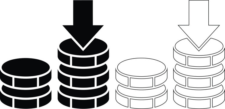Stack of coins with downward arrow symbol for financial loss or cost reduction downward reduction currency investment business transaction overhead