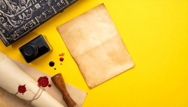 Vintage Letter Writing Set with Wax Seal and Ink on Yellow Background