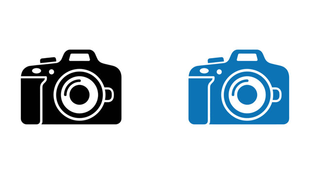 Digital camera icons set in black and blue colors for photography and media design