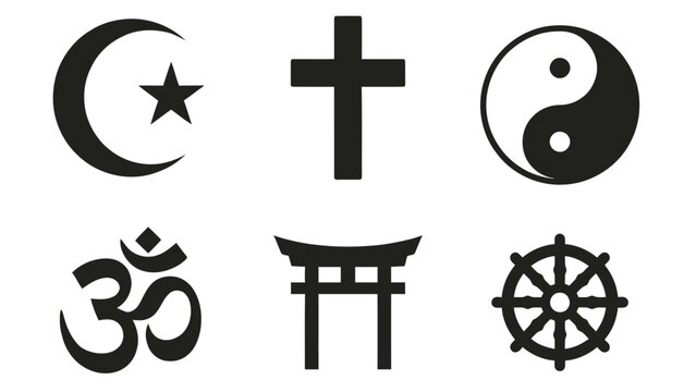 World religious and spiritual symbols set including cross, crescent, om, yin yang, torii, and dharma wheel icons