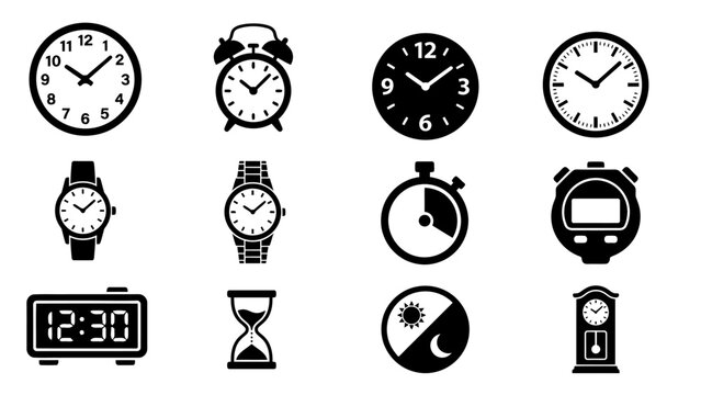 Clock and time icons set representing various timekeeping devices in minimalist black and white flat design style