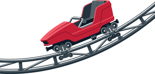 Red Roller Coaster Cart on Curved Track with Amusement Park Ride Vector Illustration © Rubya