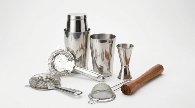 Classic silver cocktail shaker set with strainer jigger muddler and bar tools isolated on white background