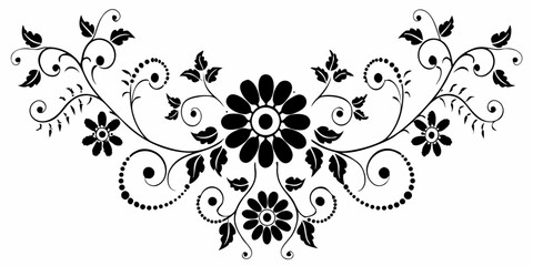 black and white floral ornament with swirling vines and blossoms © Rathindranath