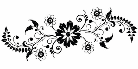 black and white floral ornament with swirling vines and leaves © Rathindranath